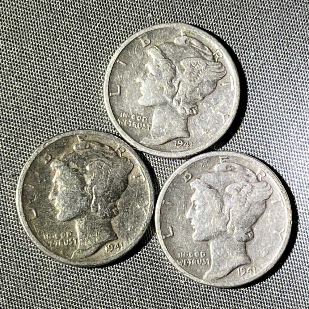 1941 P D S (3 PIECE Coin LOT) Mercury Silver Dimes CIRCULATED GOOD 90% Silver